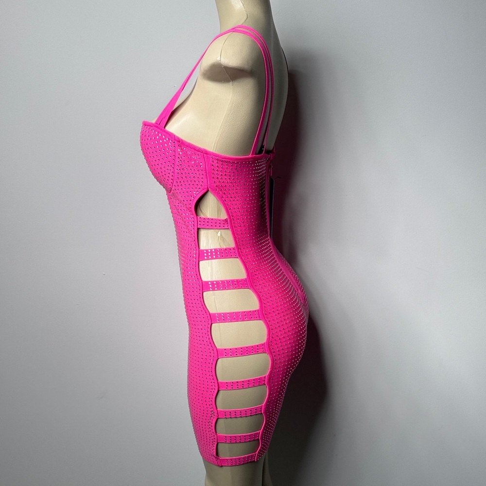 AKIRA Hot Pink Studded Cutout Bodycon Mini Dress - Picture 5 of 10